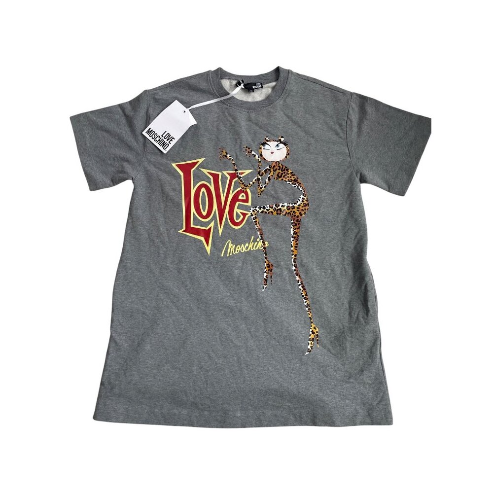Love Moschino Women's Large Violently Cute Graphic Spellout Cheetah Shirt Dress
